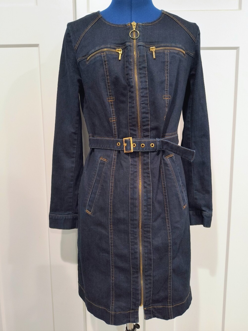 INC International Concepts Dark Indigo Long-Sleeve Zip Front Dress